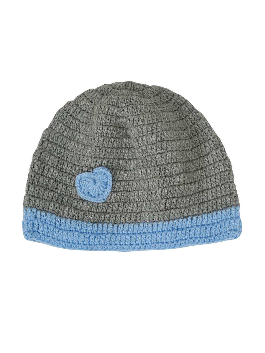 LITTLE GINNIE Kids Grey & Blue Self Design Heart Crochet Woollen Beanie