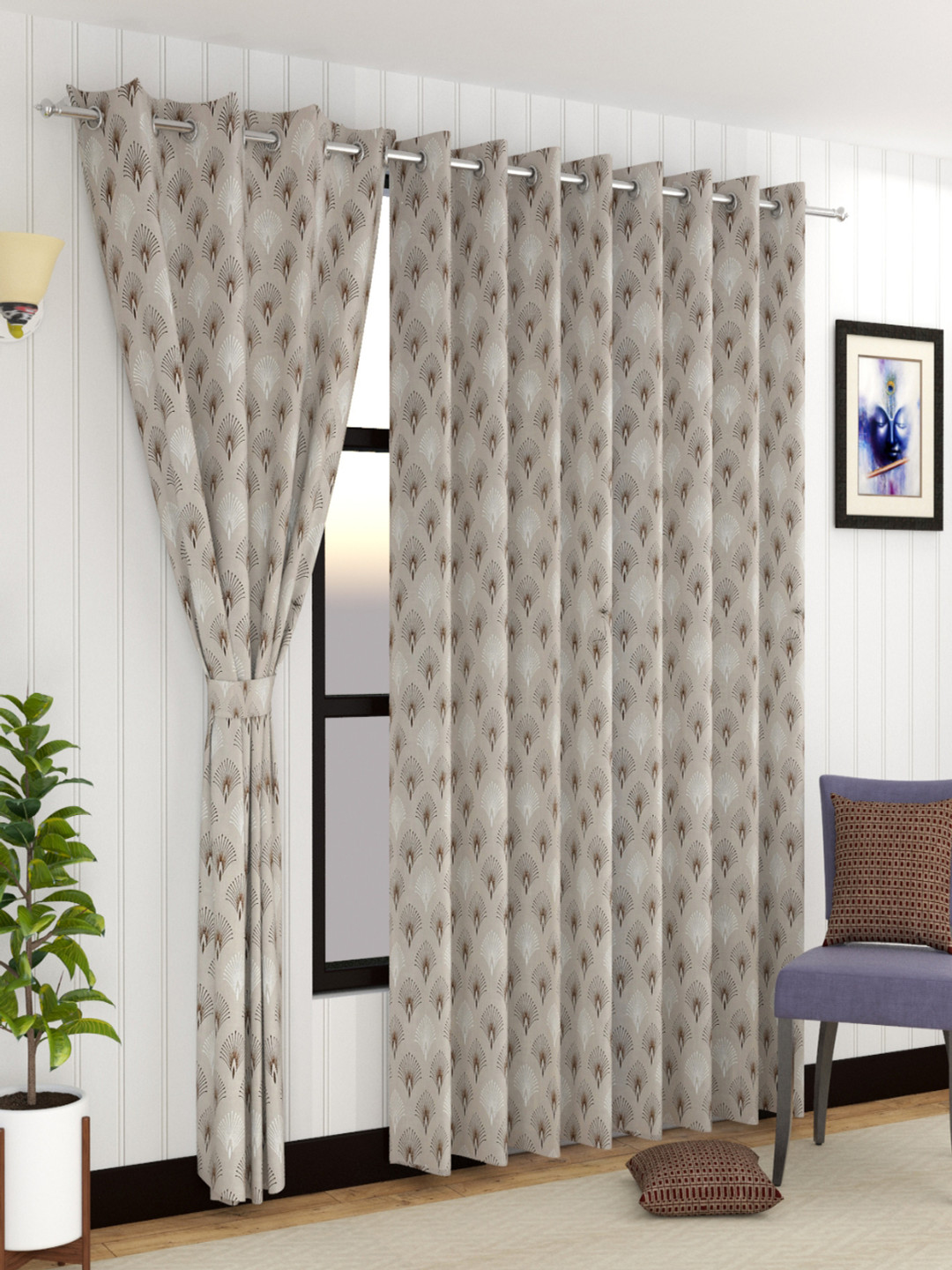 Florida Mimosa Brown 2 Pieces Ethnic Motifs Printed Velvet Sheer Long Door Curtains