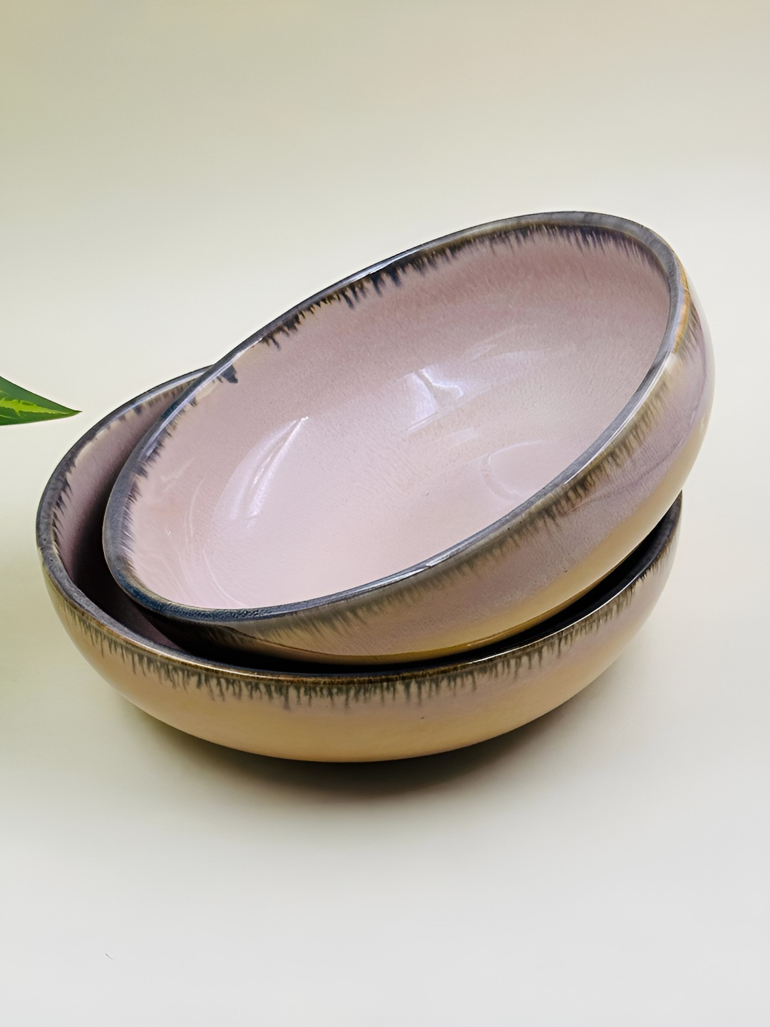 Lupaava Beige and Black 2 Pieces Ceramic Glossy Microwave Safe Serving Bowl 700 ml Each