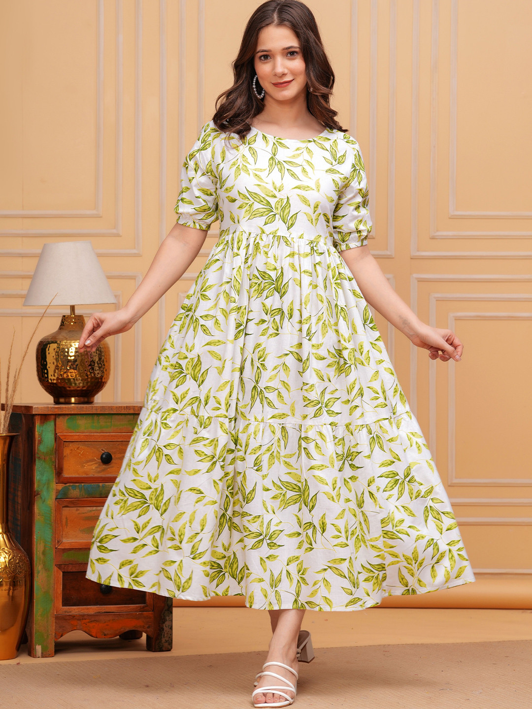 Twirl Tales Tropical Print Puff Sleeve Cotton A-Line Maxi Dress