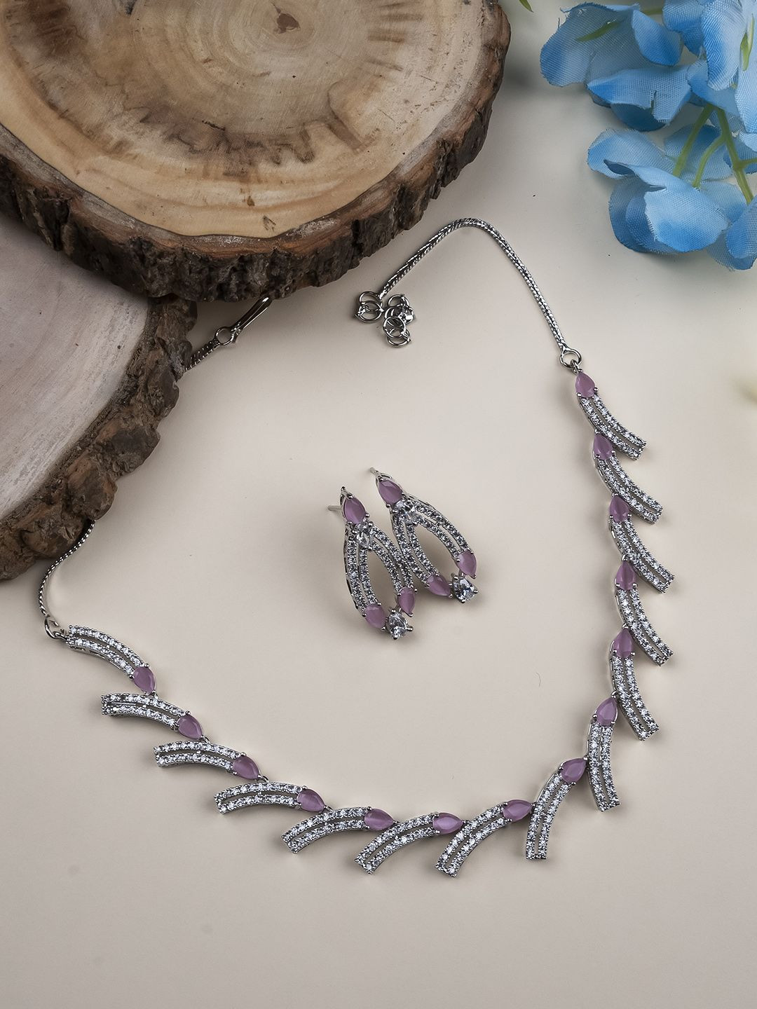 StileAdda Sleek Silver-Plated American Diamond Studded Jewellery Set