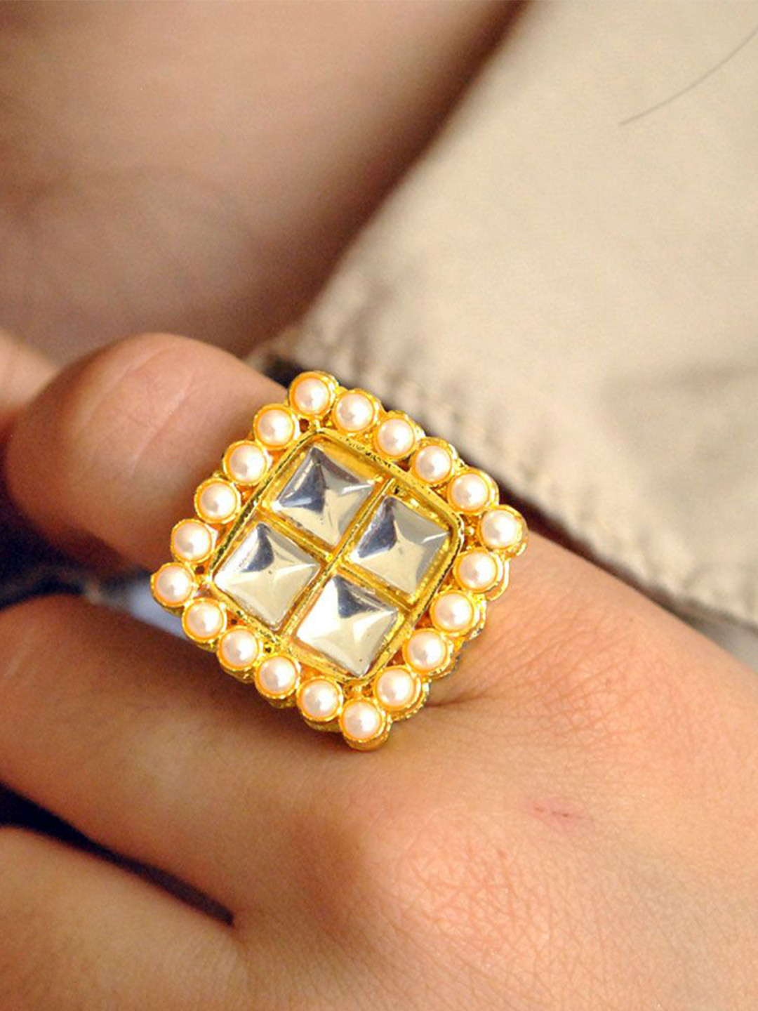 BeAbhika Women Set of 5 Quad Kundan Stone Studded & Beaded White Rings