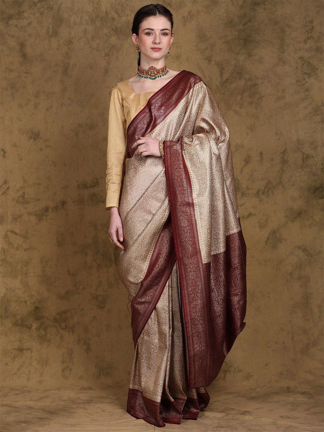 Exotic India Banarasi Saree with Zari Woven Triangle Pattern and Contrast Pallu Border
