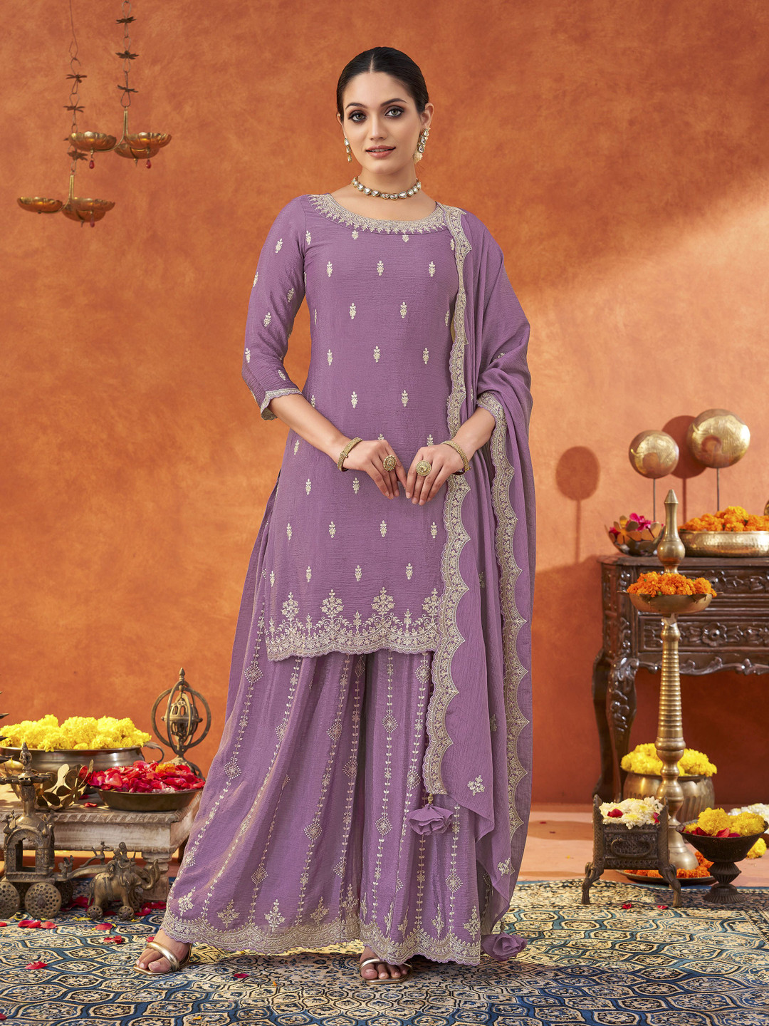 Shaily Ethnic Motifs Embroidered Sequinned Straight Kurta with Sharara & Dupatta