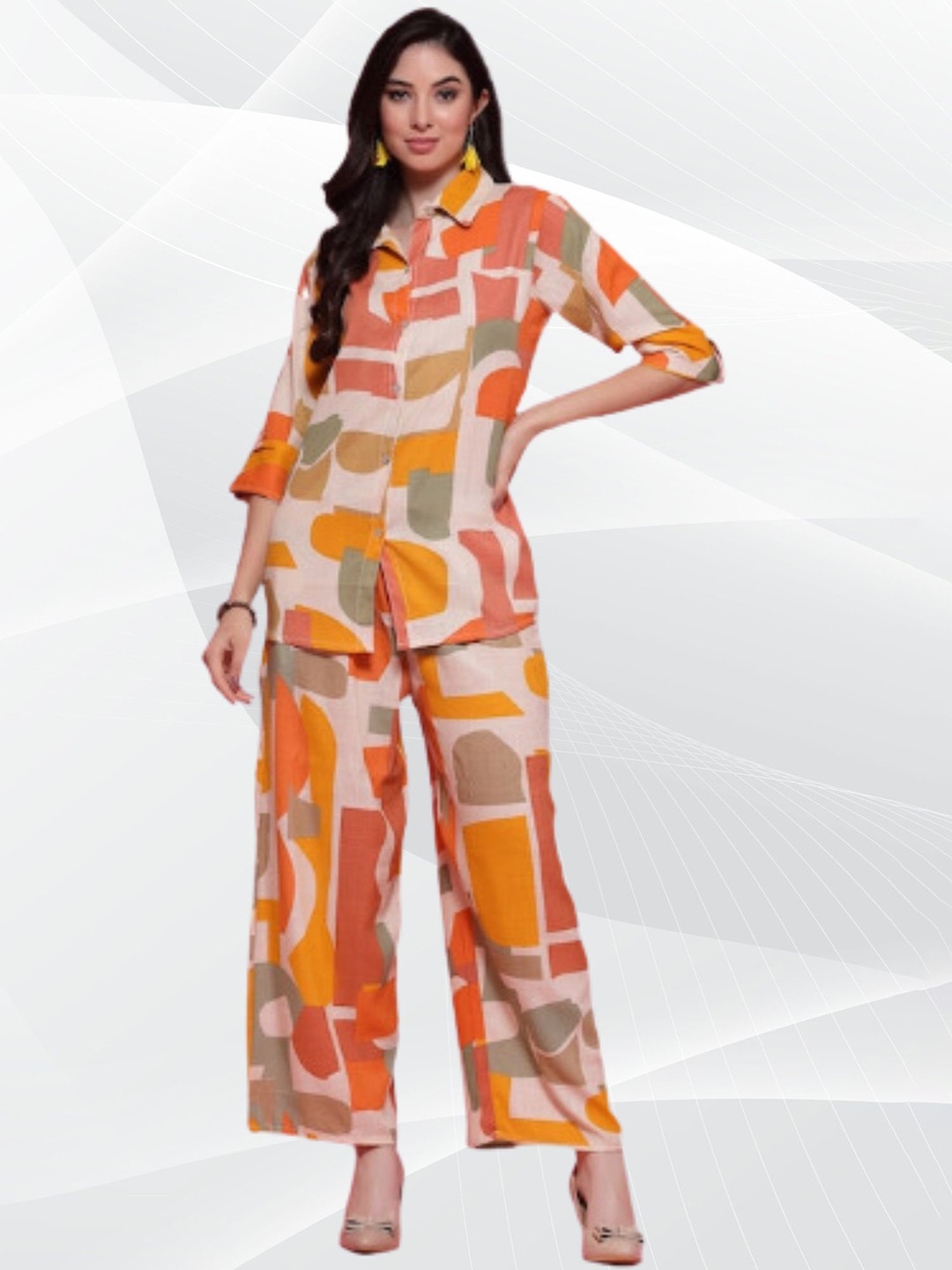 NEYSA Geomtric Printed Shirt Collar Shirt And Palazzos