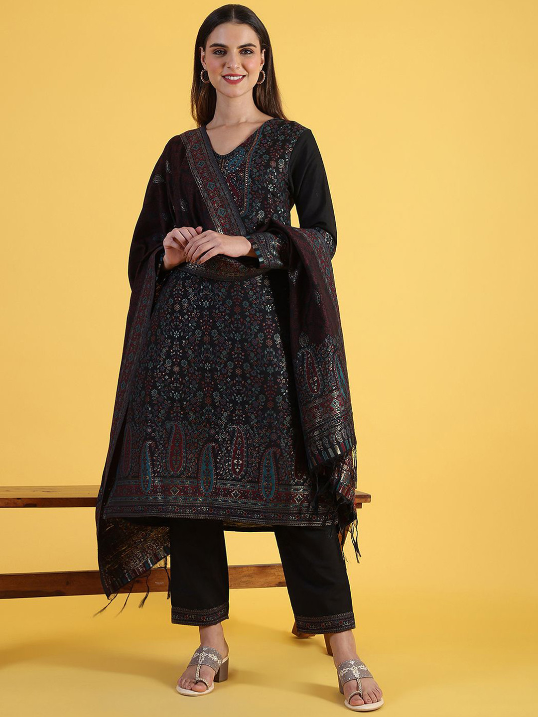 W Black Floral Embroidered V-Neck Straight Kurta With Trousers And Dupatta