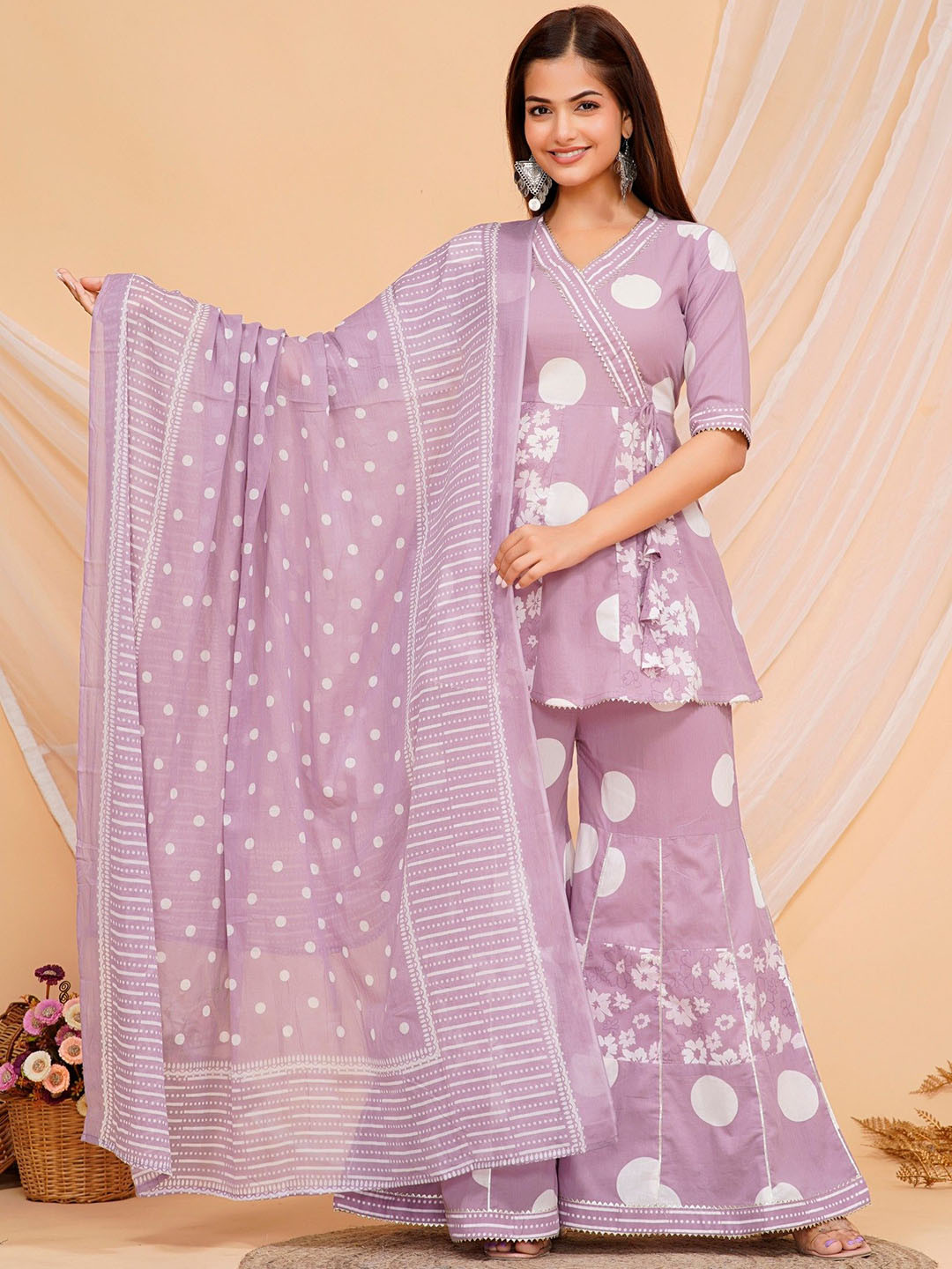JAGNA Floral Printed Pure Cotton Gotta Patti A-Line Kurti with Sharara & Dupatta