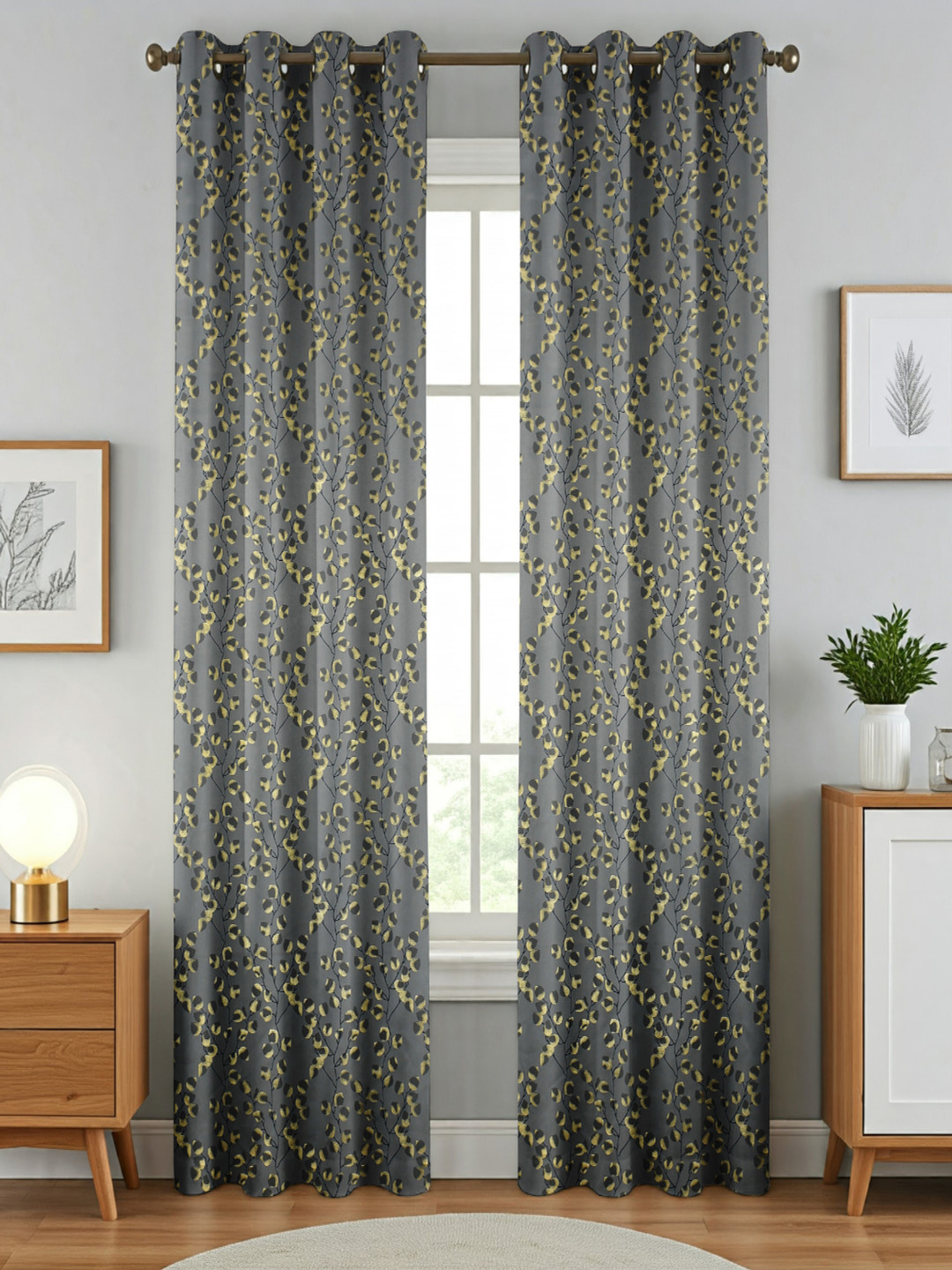 Florida Charcoal & Gold-Toned Floral Printed Black Out Long Door Curtain