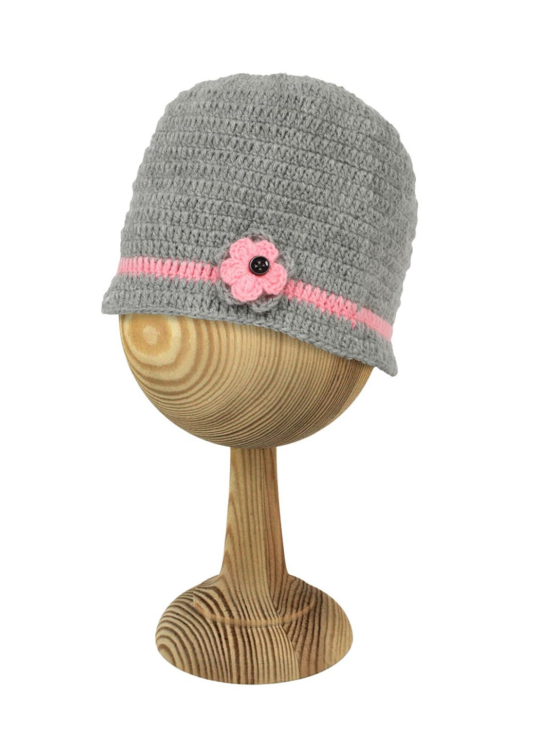 LITTLE GINNIE Kids Grey & Pink Self Design Floral Crochet Woollen Beanie