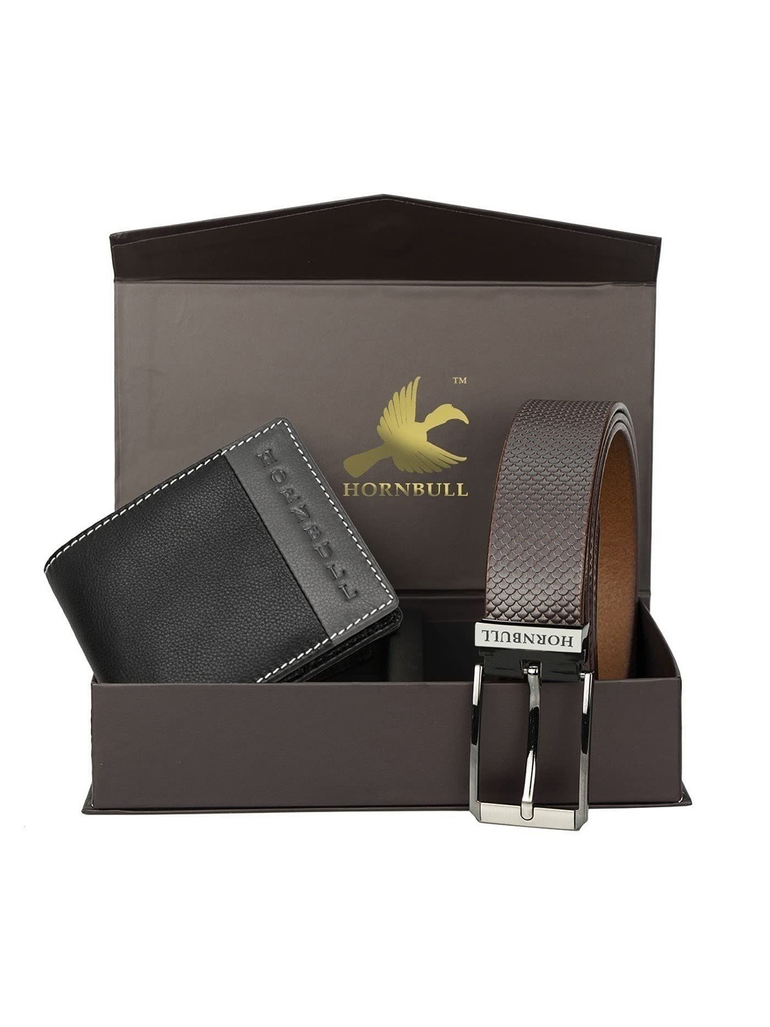 Hornbull Taylor Leather RFID Black-Grey Wallet & Brown Belt Accessory Gift Set