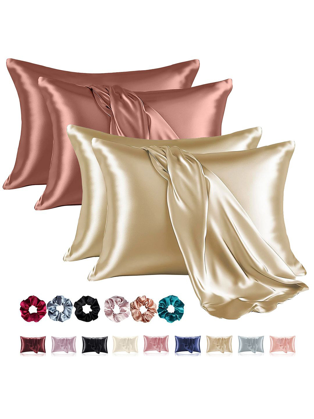 Kuber Industries Champagne & Copper-Toned 4 Pieces oft Satin Pillow Covers & Scrunchies