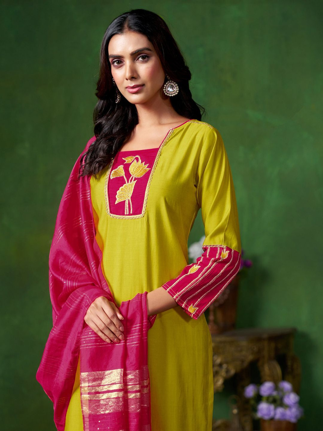 Sangria Silk Blend Straight Embroidered Kurta Pant With Dupatta Set