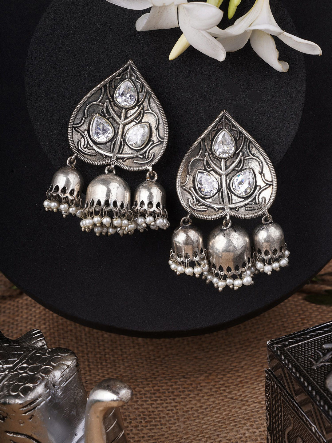 Adwitiya Collection Silver Plated Artificial Stone-Studded Leaf Shaped Drop Earrings