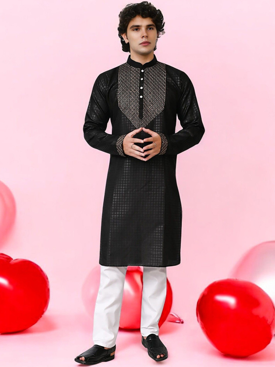 Atly Geometric Woven Design Mandarin Collar Cotton Silk Straight Kurta With Trouser