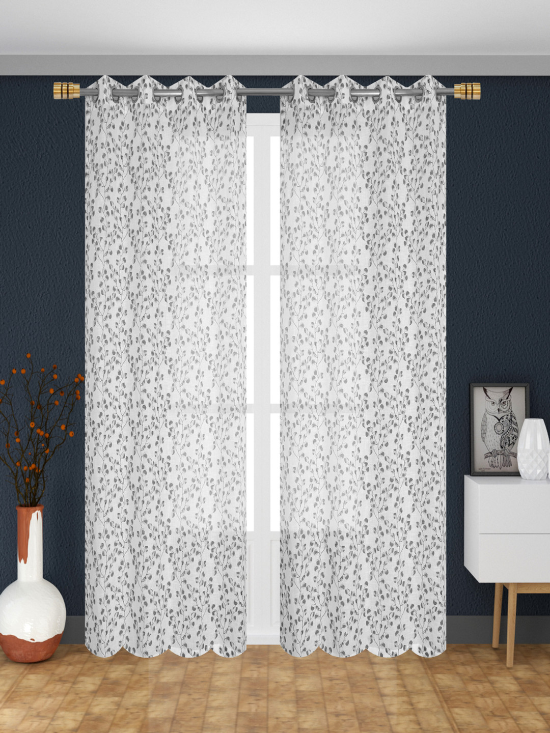Florida Mimosa Charcoal & White 2 Pieces Floral Printed Velvet Sheer Long Door Curtains