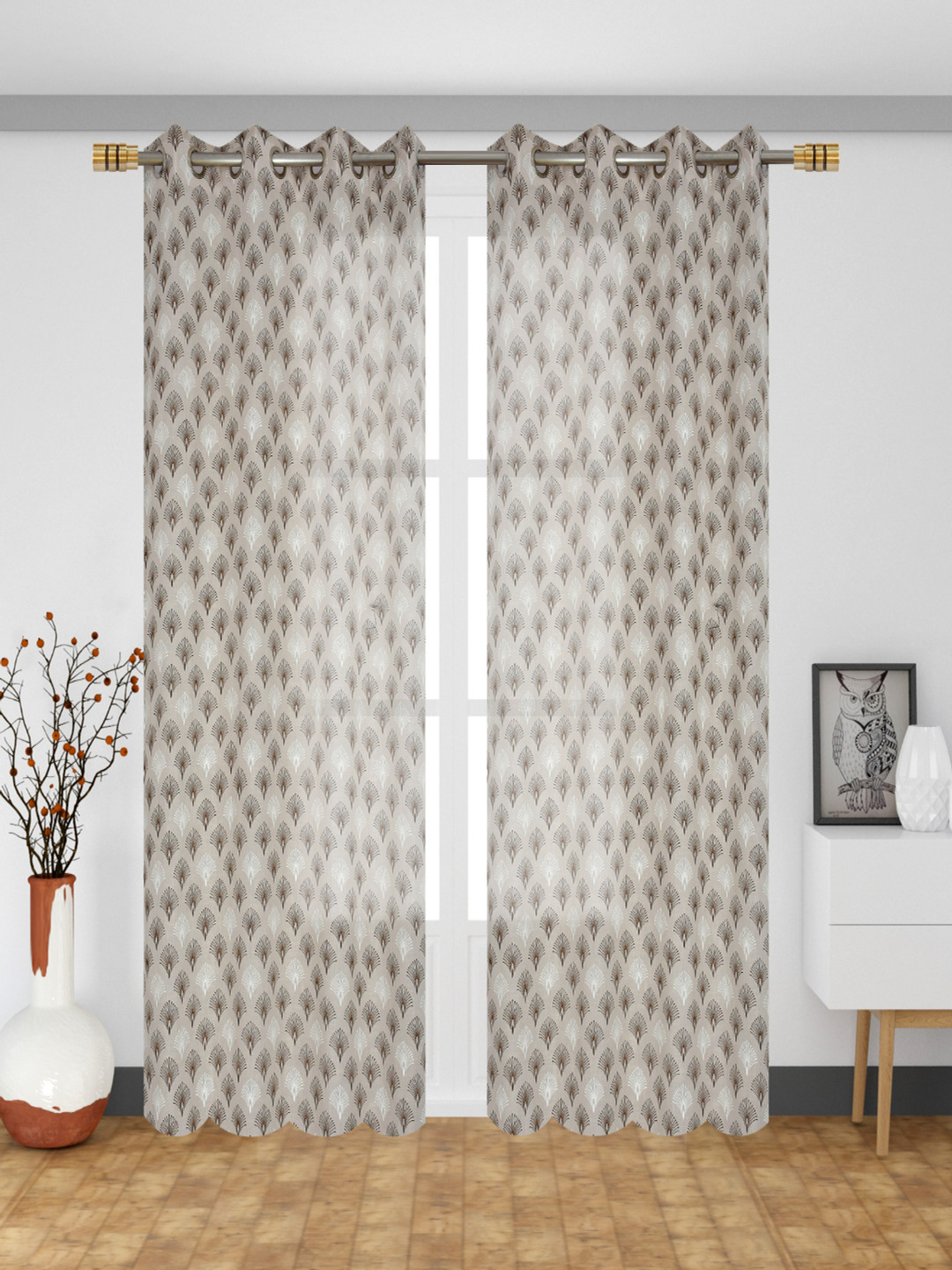 Florida Brown & White 2 Pieces Floral Printed Sheer Long Door Curtains