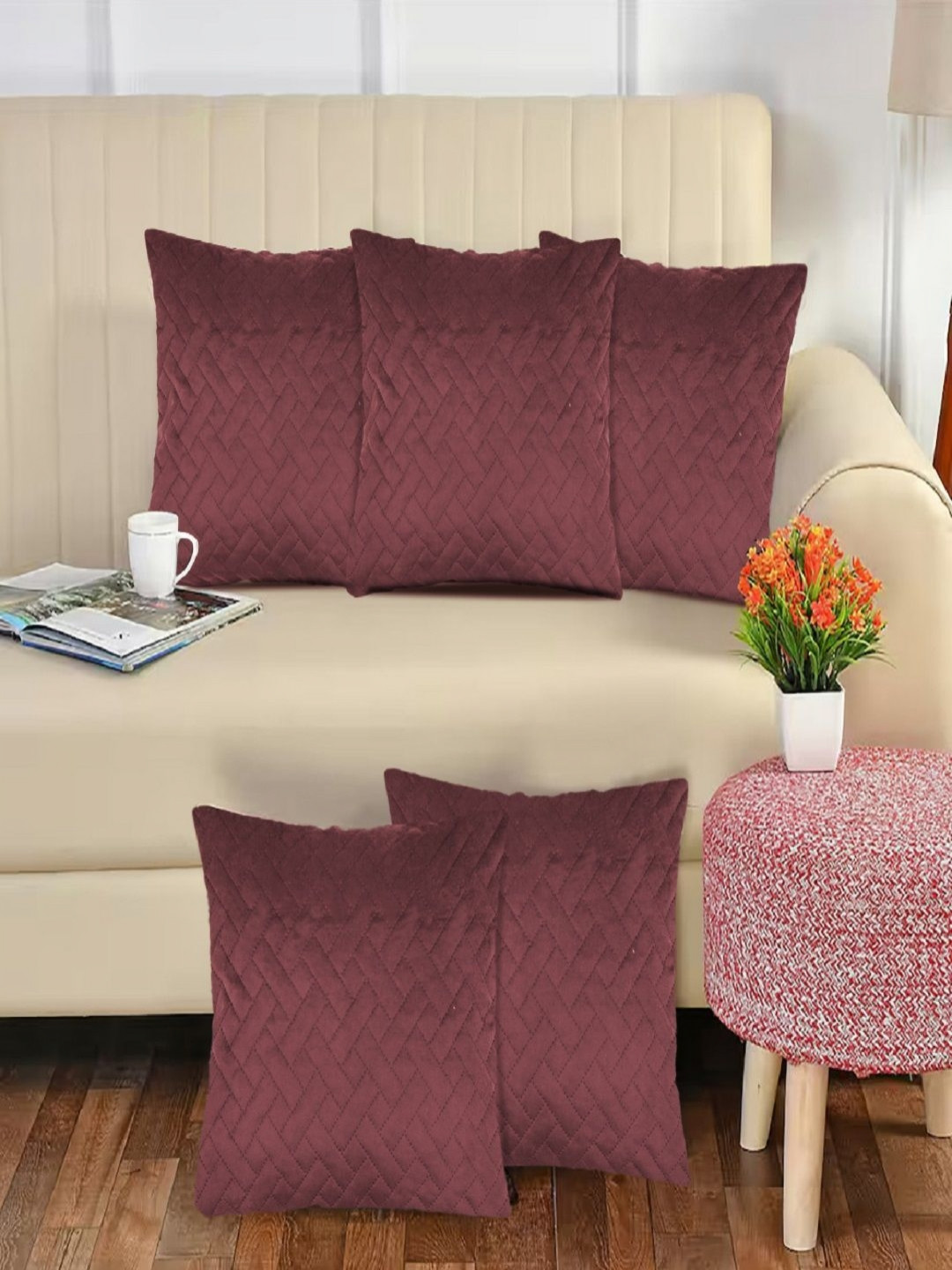 Myntra Elegant Homes Coral 5 Pieces Geometric Printed Square Cushion Covers