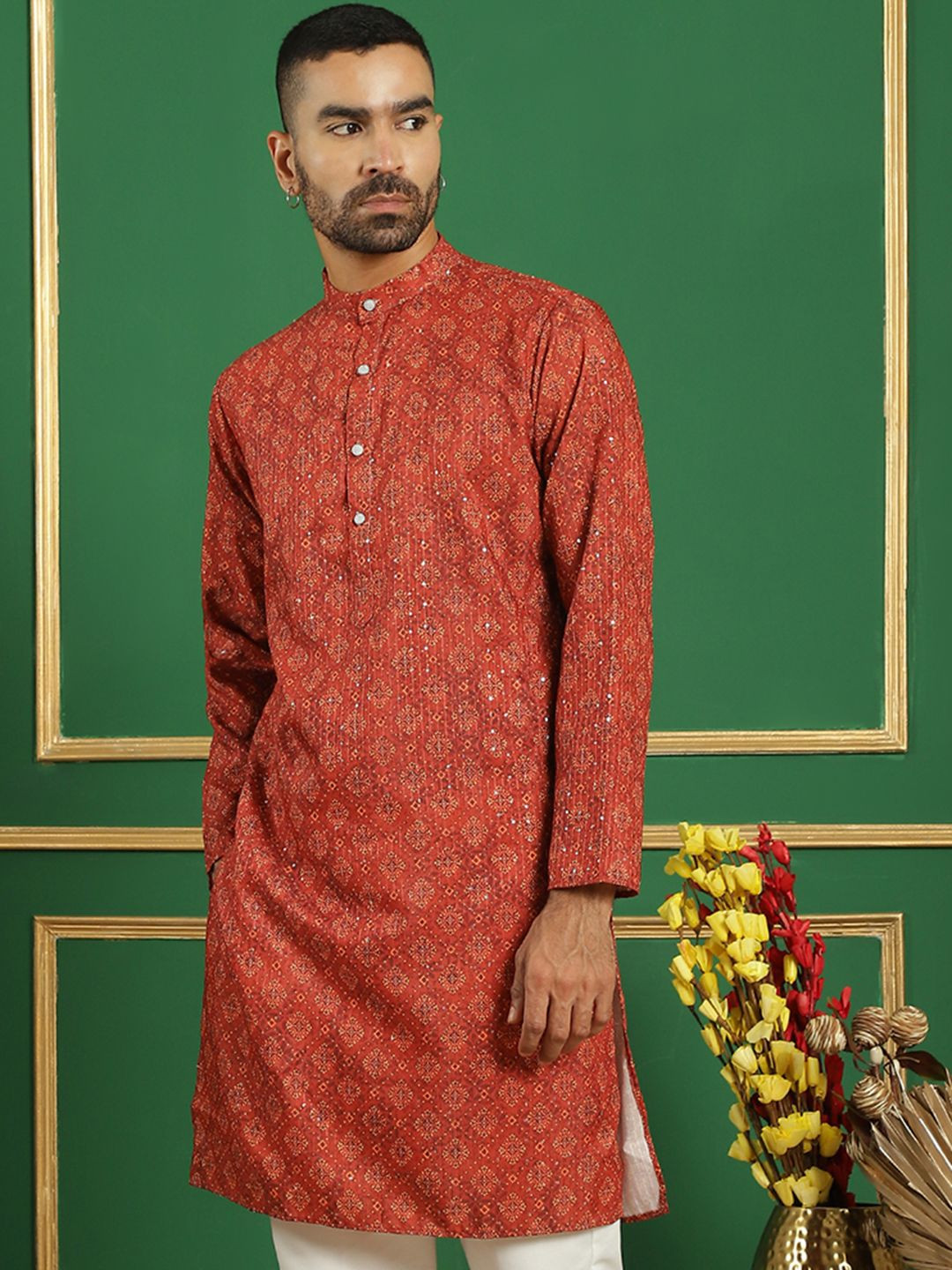 Anouk Red Ethic Motifs Printed Pure Cotton Sequence Band Collar Straight Kurta