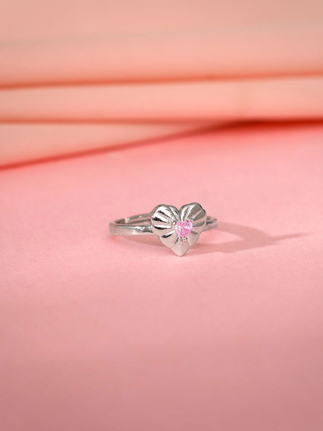 GIVA 925 Sterling Silver Rhodium-Plated Stone-Studded Blush Heart Adjustable Finger Ring