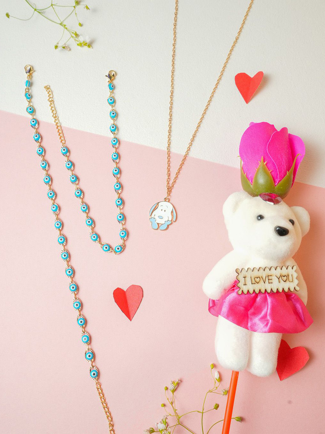 VIRAASI Set Of 3 Valentine Teddy With Chain And Anklet Gift Set