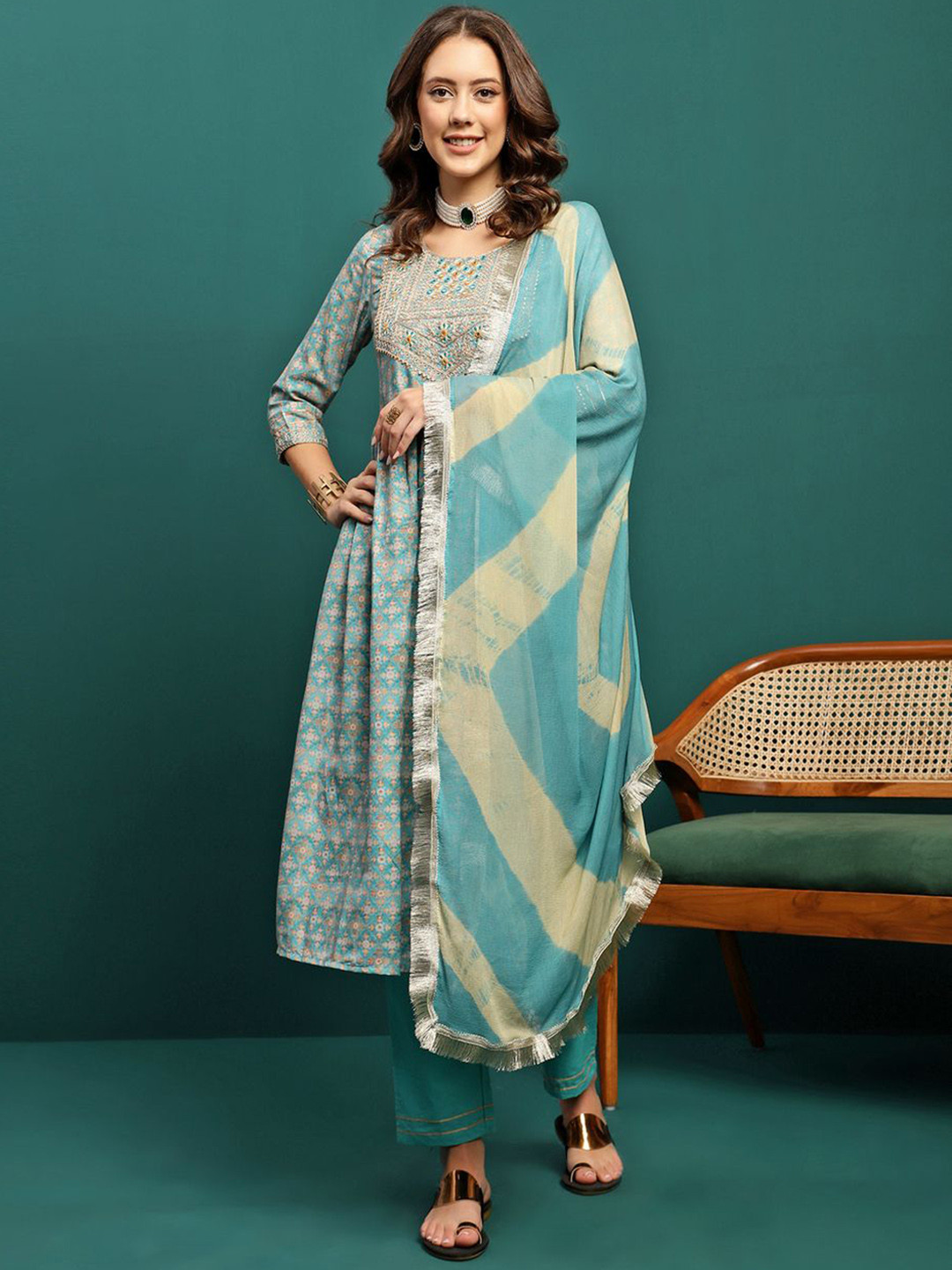 Sangria Blue Floral Printed Pleated Mirror Work A-Line Kurta With Trouser & Dupatta