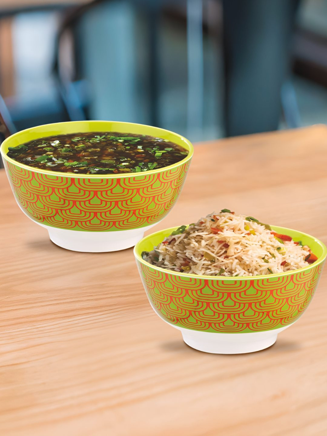 Nayasa Set of 2 Green Geometric Printed Melamine Glossy Serving Bowls 750 ml