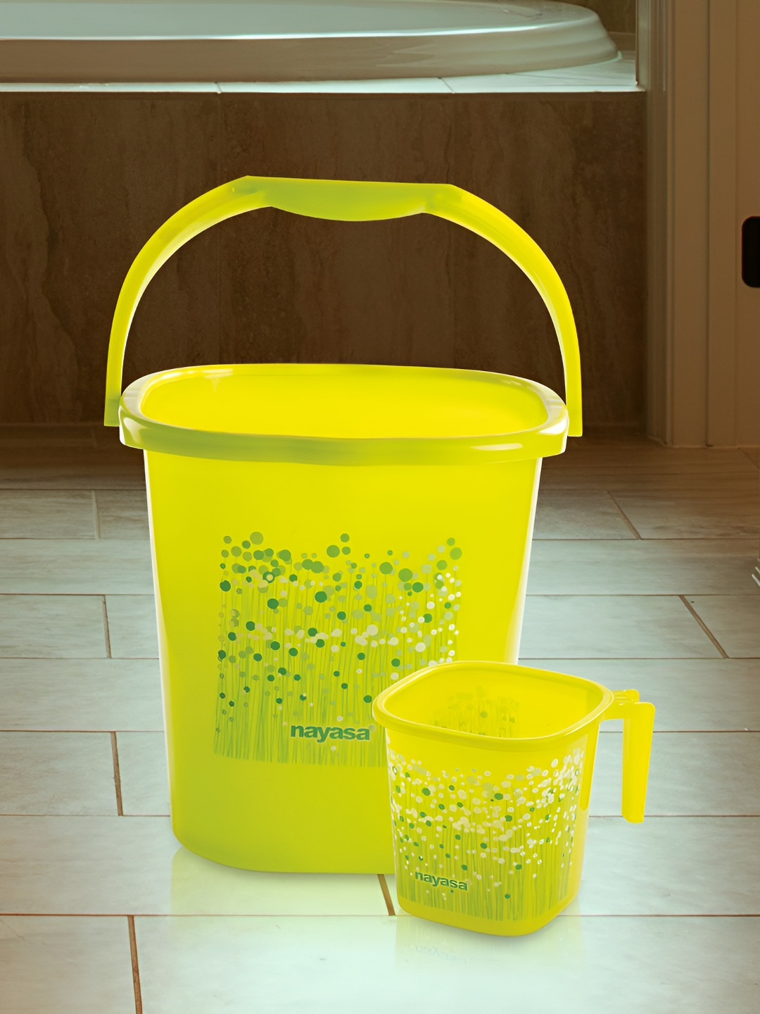 Nayasa Funk Set of 2 Green Square Bathroom Set Bucket and Mug Bath Set- 18 L, 1.5 L