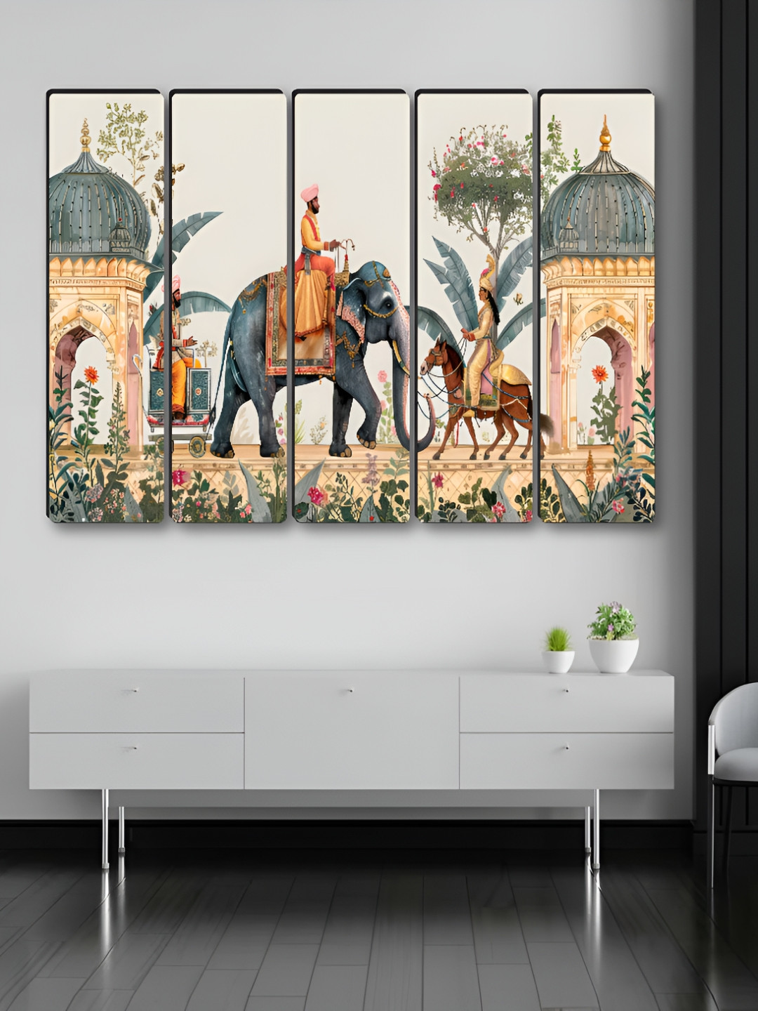 Aura Traditional Mughal Elephants Synthetic Wood 5 Piece Paintings Wall Art - 60 x 30 In