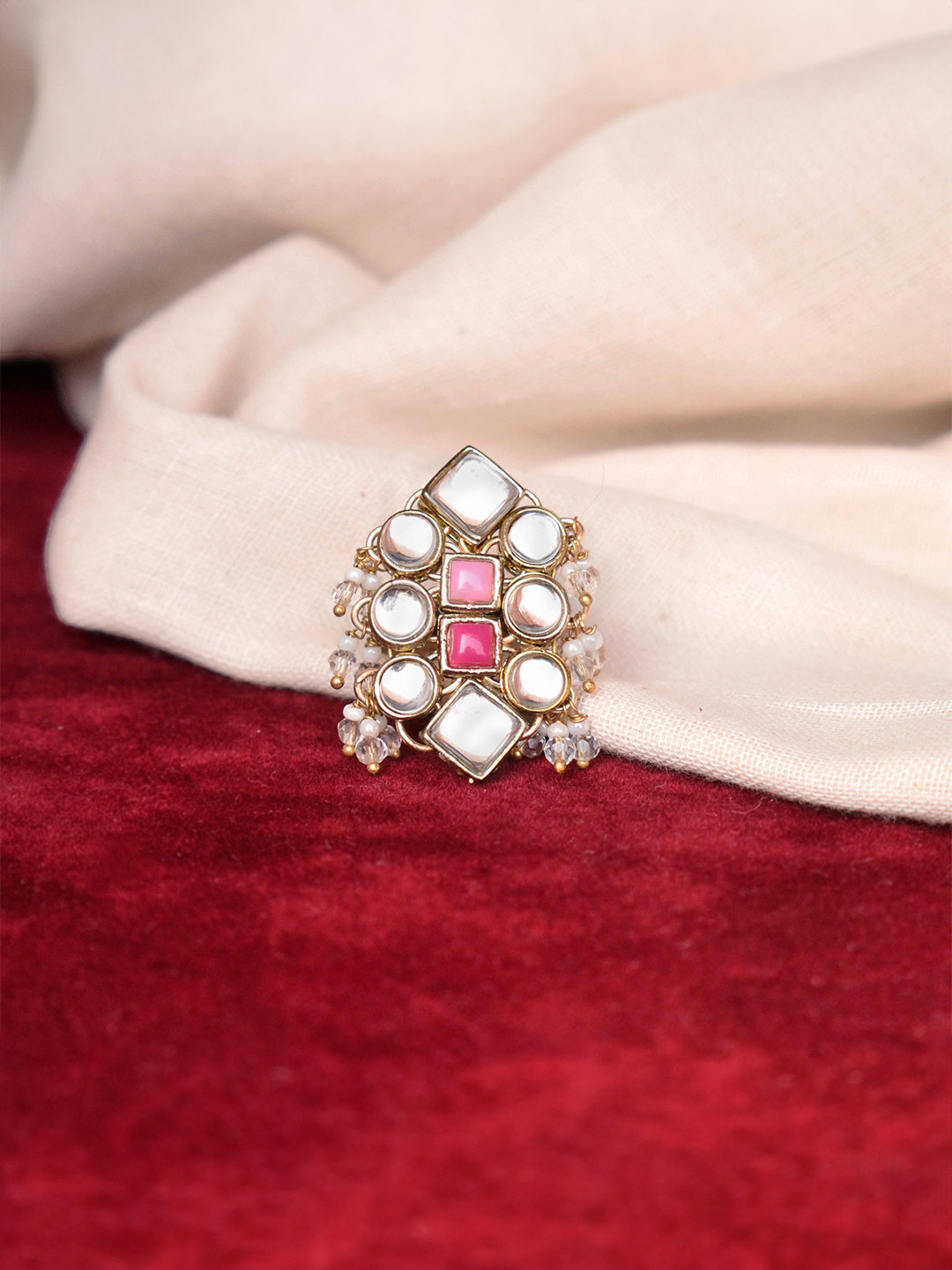 BeAbhika Set Of 7 Gold-Plated Enamoured kundan Stones-Studded & Beaded Finger Rings