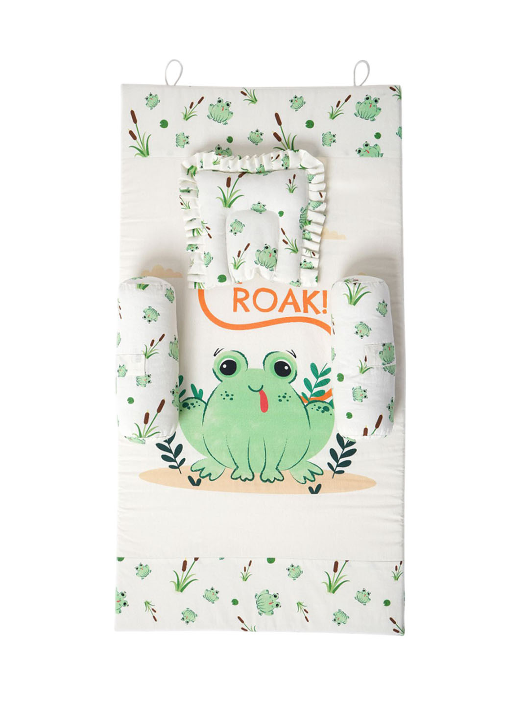 TIDY SLEEP Kids White & Green Printed Mattress Set With Neck Pillow & Bolsters