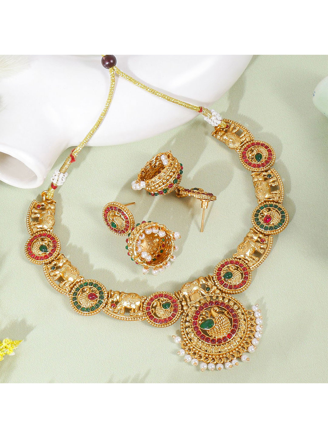 JANAVI Gold-Plated Artificial Stone-Studded And Beaded Temple Jewellery Set