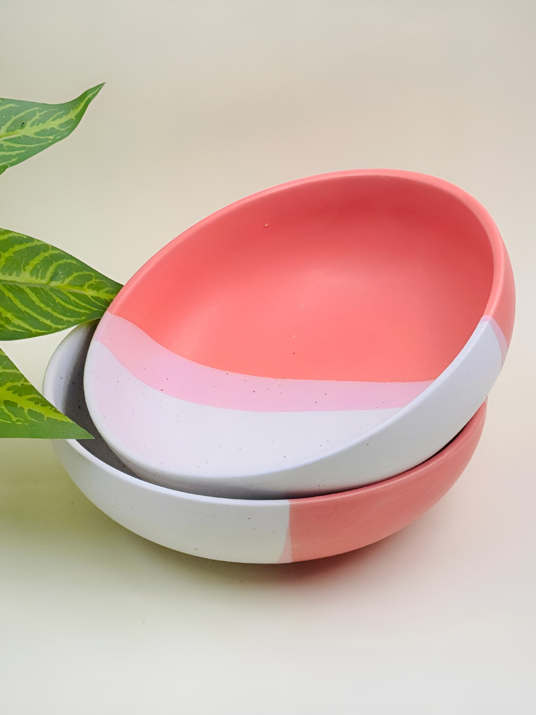 Lupaava Pink and White 2 Pieces Ceramic Matte Microwave Safe Serving Bowl 700 ml Each