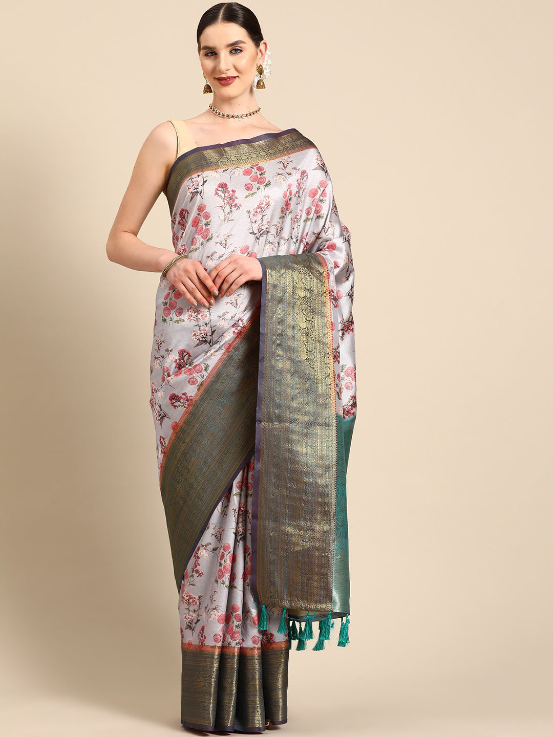 DIVASTRI Banarasi Soft Silk Floral Digital Printed Saree With Woven Border & Pallu