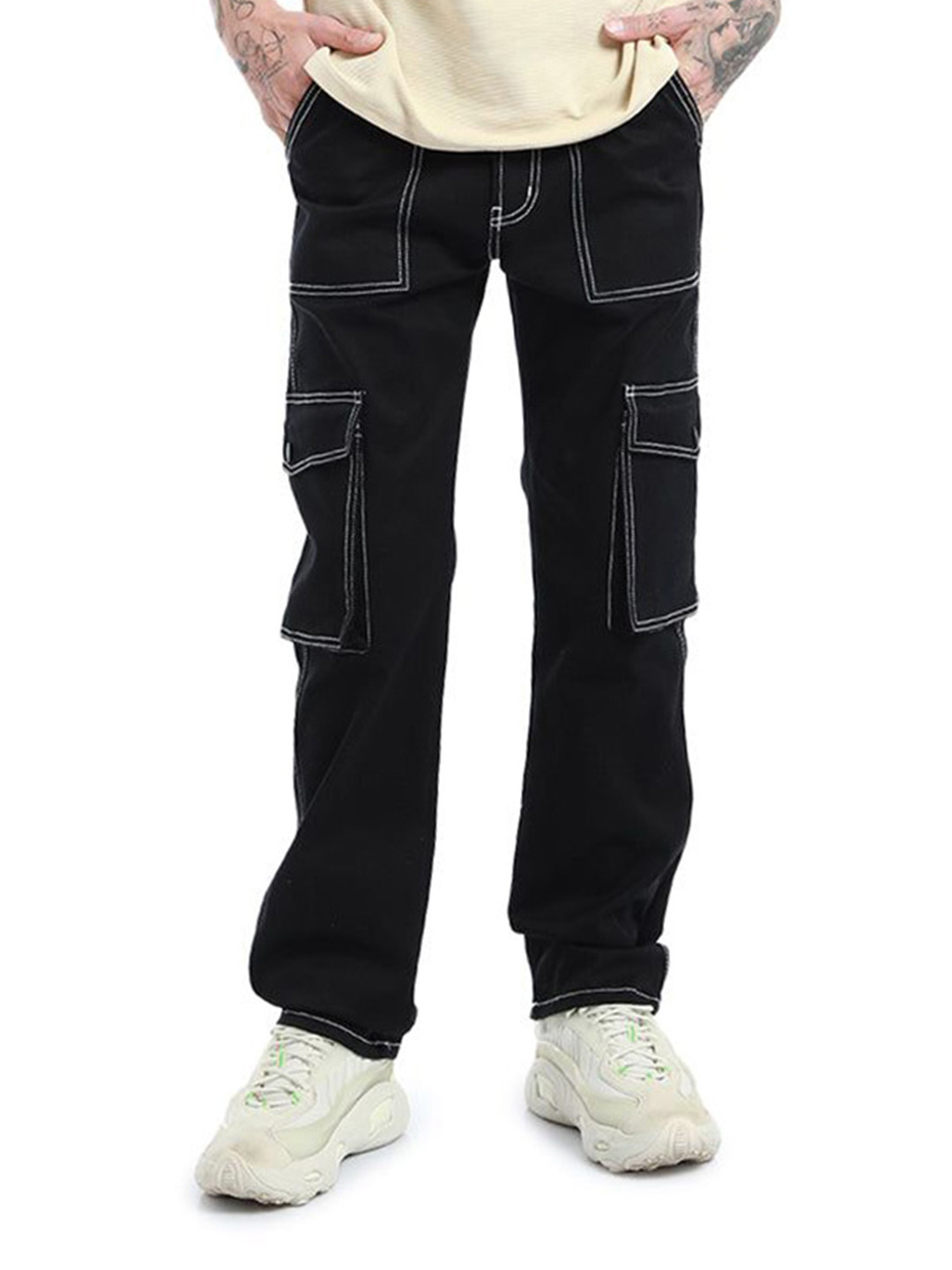 Banana Club Men Contrast Stitched Black Baggy Denim Cargo Jeans