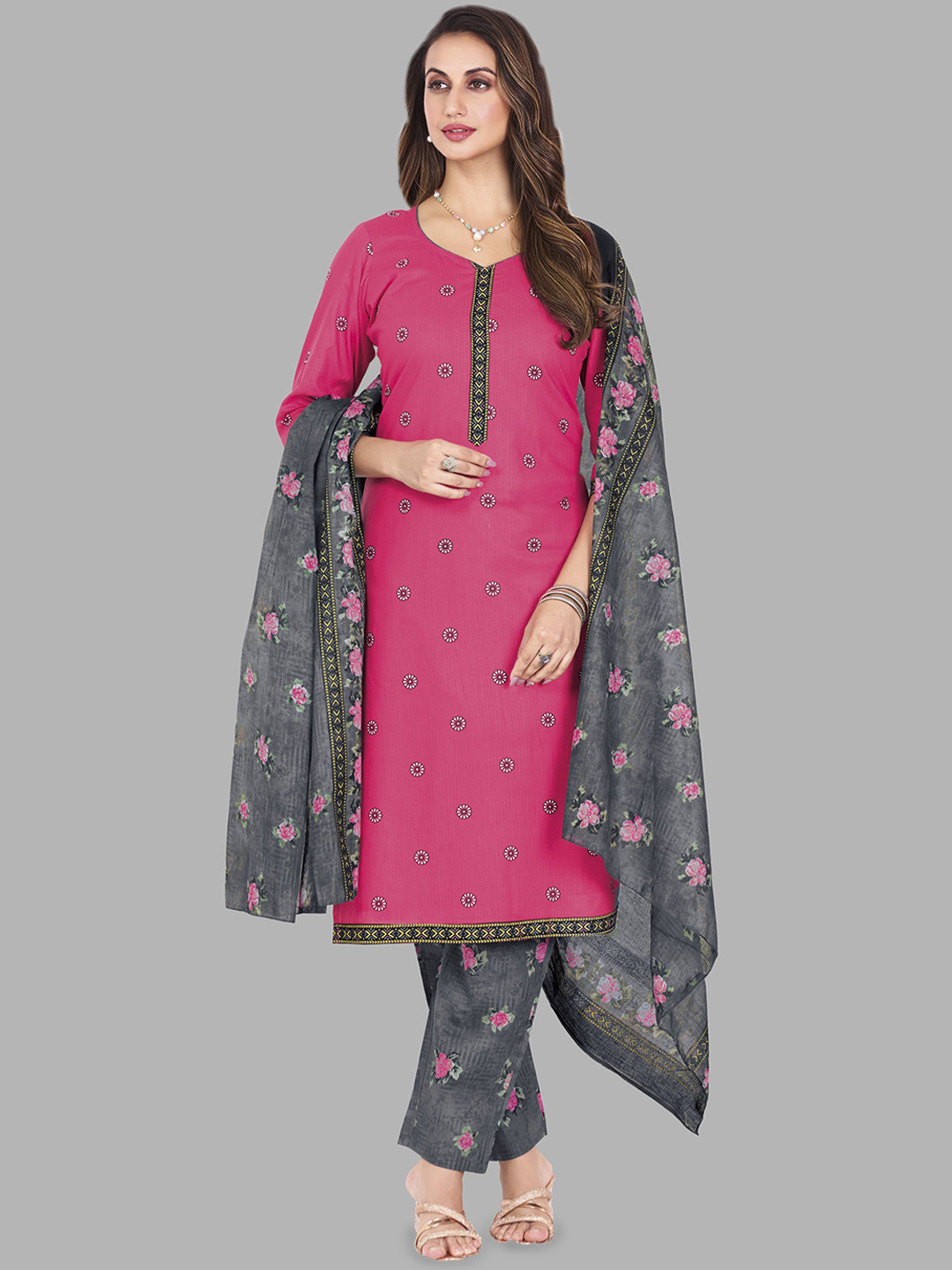 Simmu Floral Printed V-Neck Pure Cotton Straight Kurta With Trouser & Dupatta