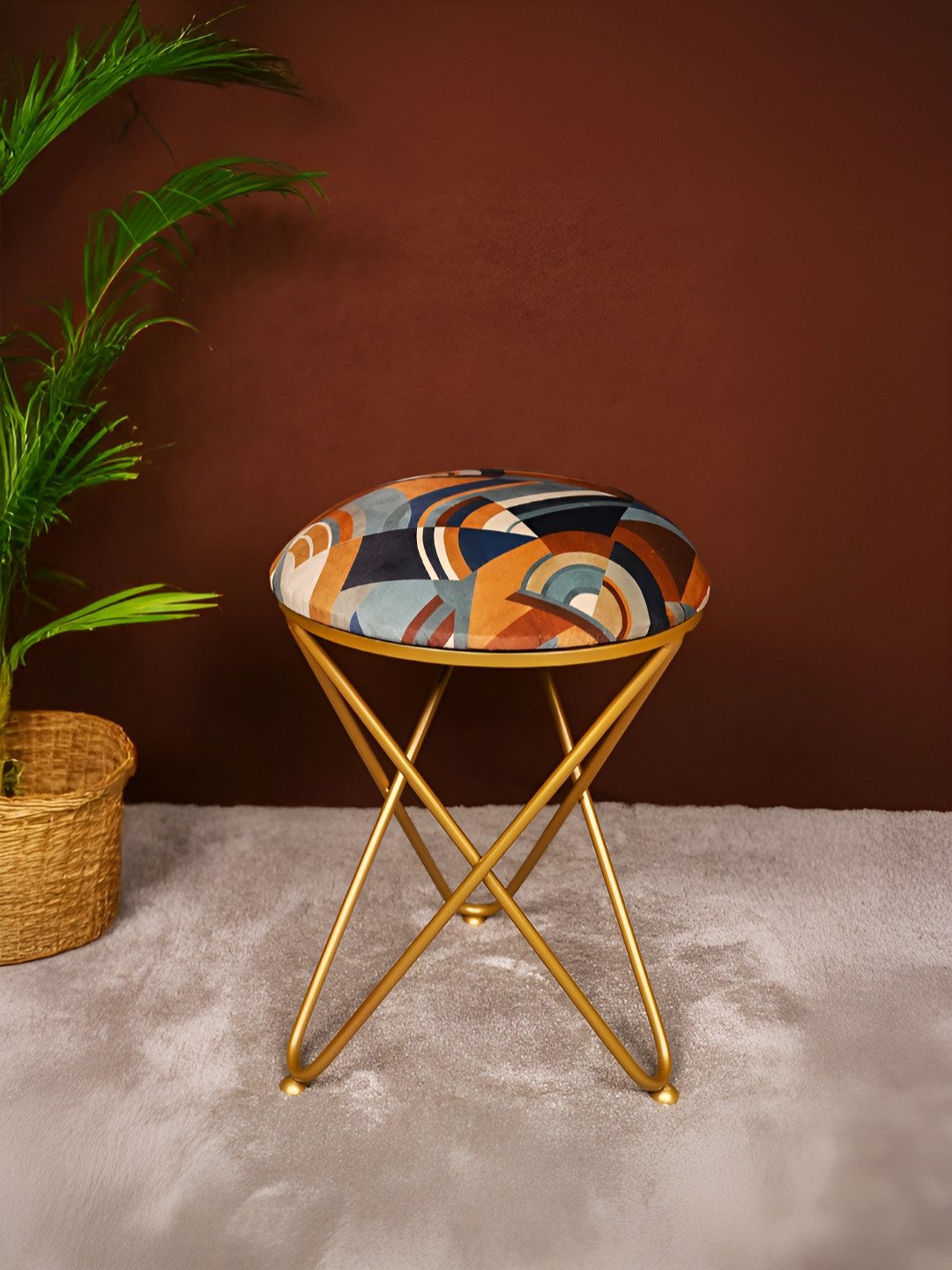 Decoghar Orange-Coloured & Blue Geometric Printed Round Shaped Fabric Cross Metallic Stool