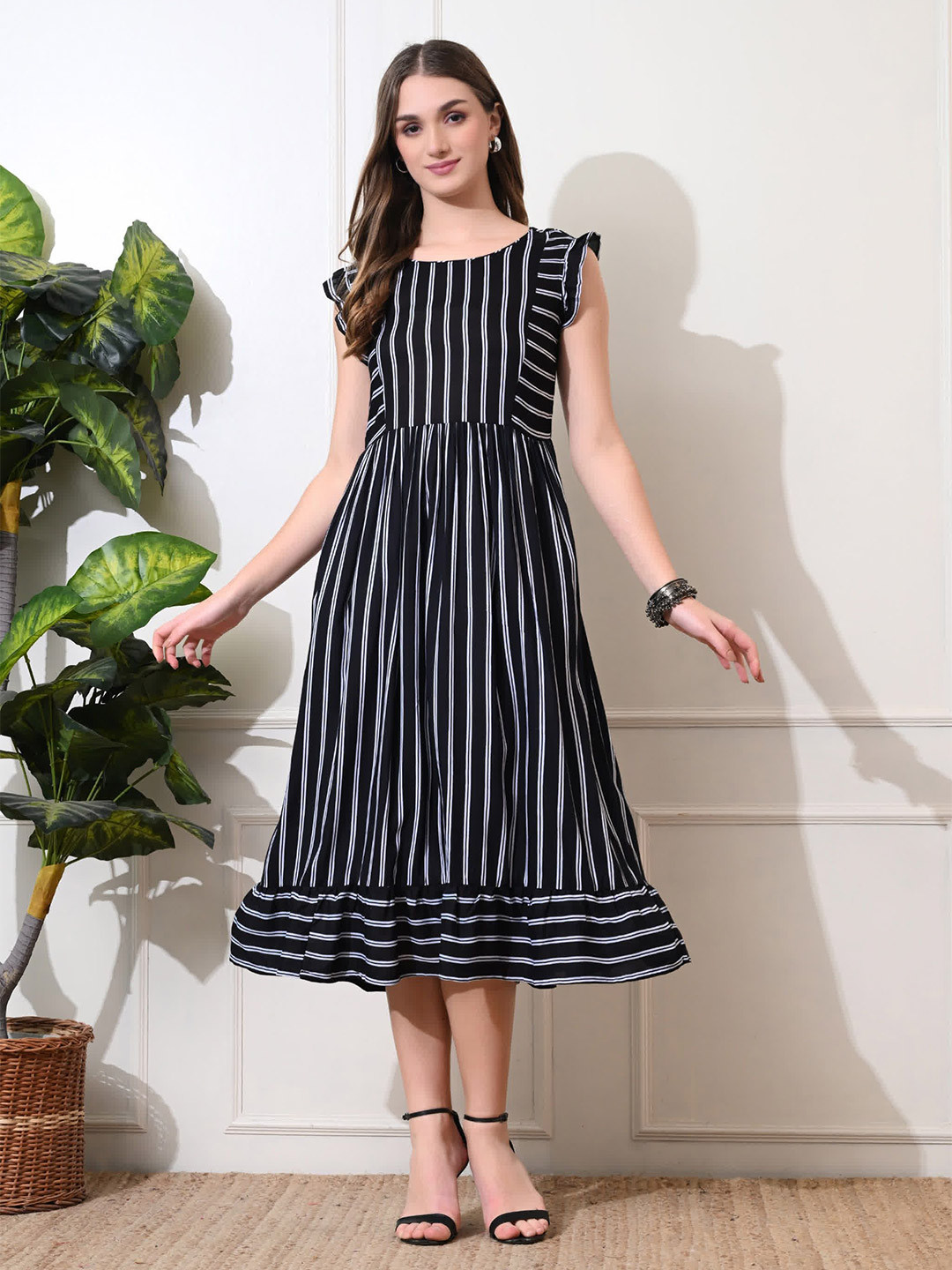 DECKEDUP Women Striped Printed Ruffled Drop-Waist Midi Dress