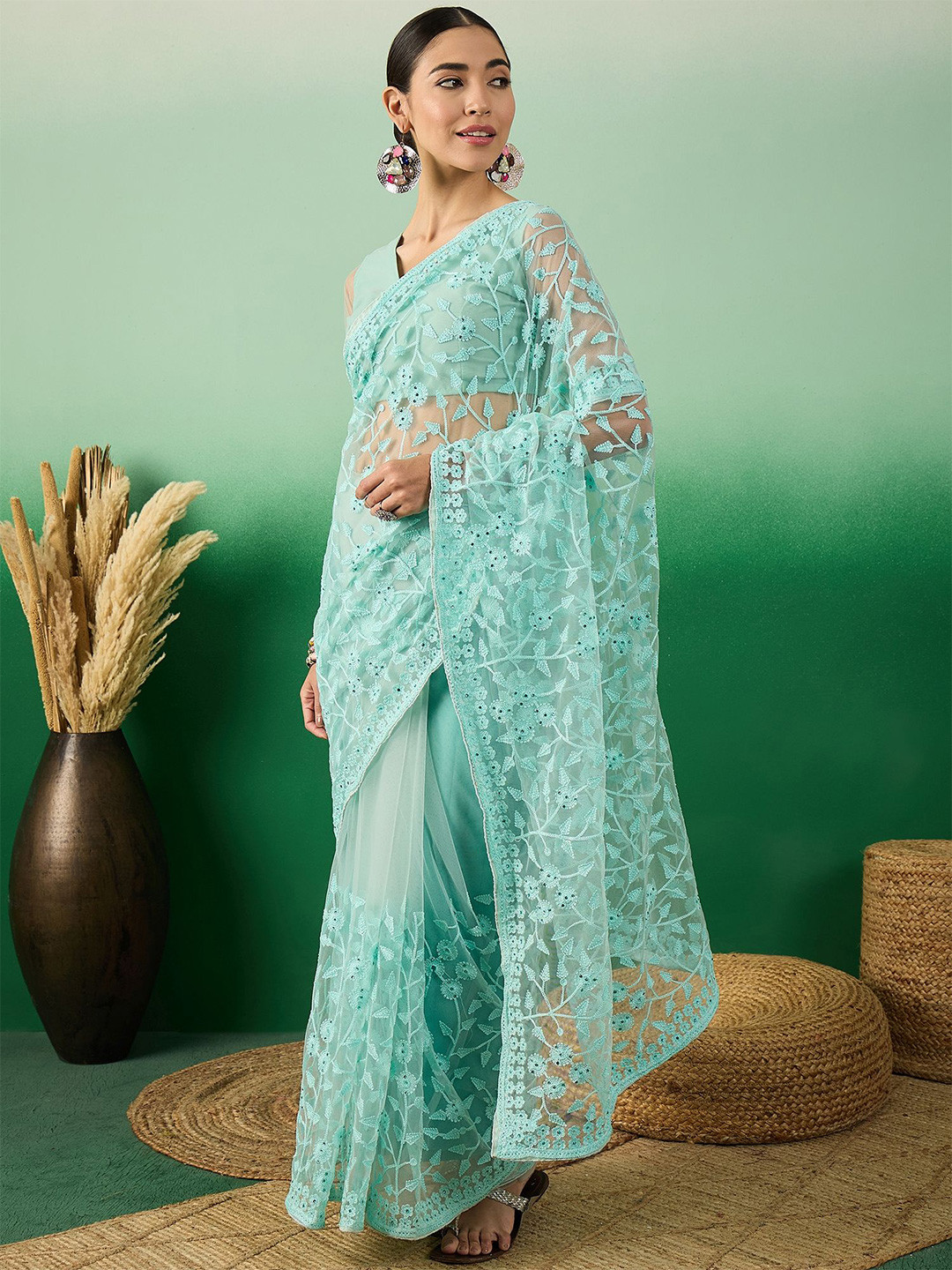 DEVATITHI Embroidered Beads and Stones Sea Green Net Saree