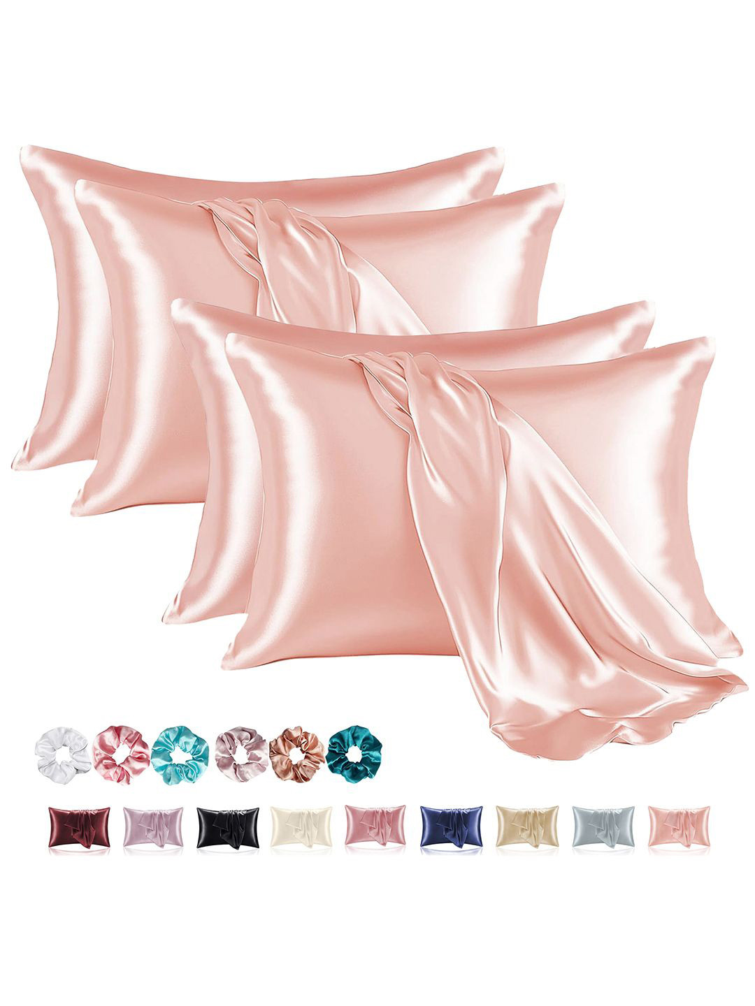 Kuber Industries Pink 4 Pieces Rectangle Soft Satin Pillow Covers & Scrunchies