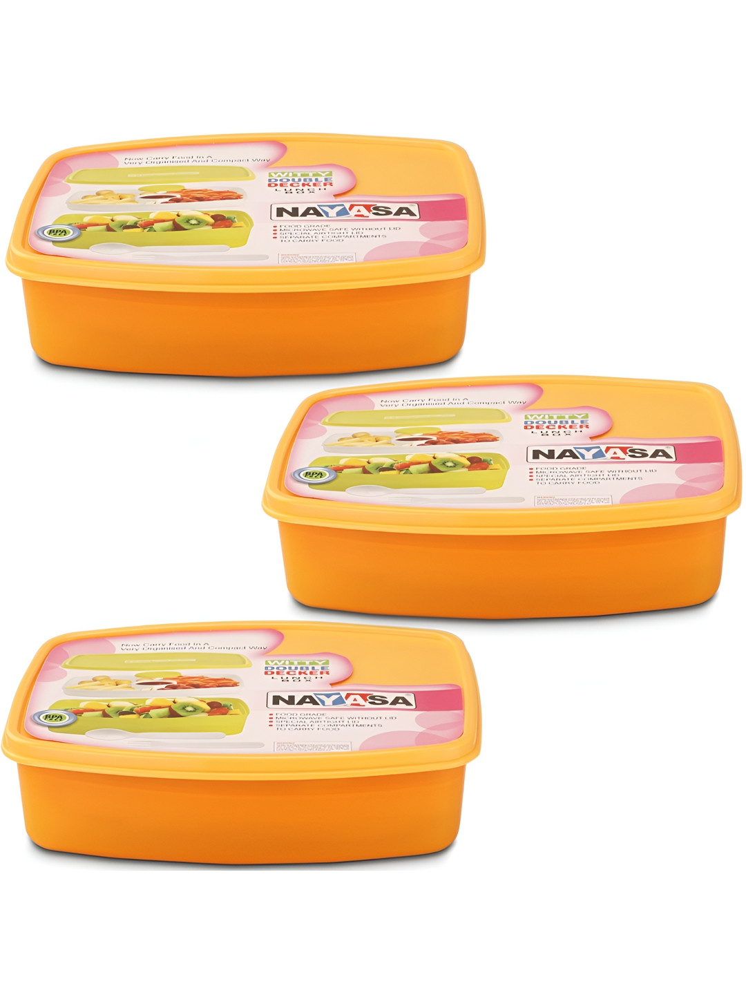 Nayasa Witty Double Decker Air Tight Leakproof 3PC Lunch Box With Spoon & Fork