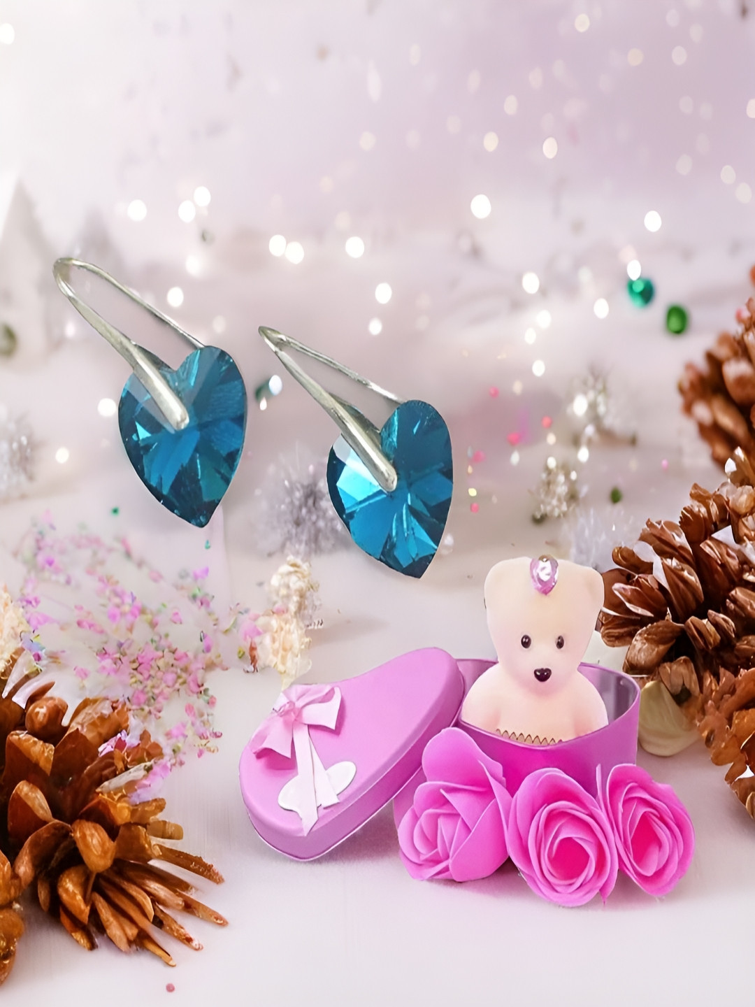 UNIVERSITY TRENDZ Blue Heart Shaped Drop Earrings With Teddy Bear Gift Combo Set