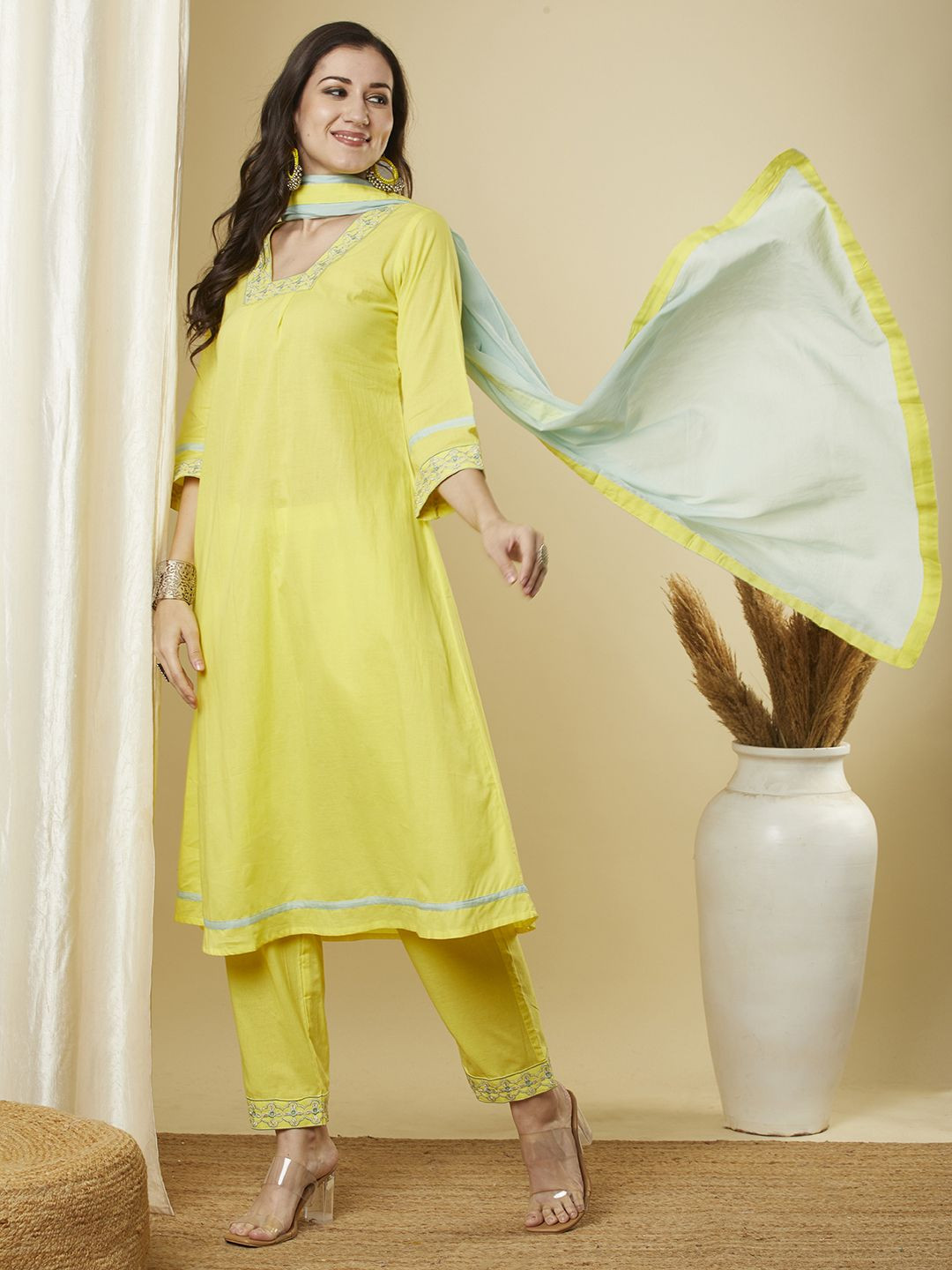 FASHOR Thread Work Square Neck Pure Cotton A-Line Kurta With Trousers And Dupatta