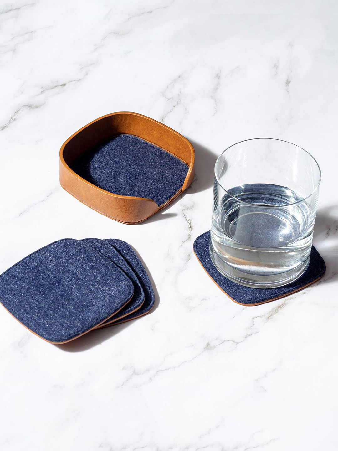 DailyObjects Blue & Brown 4 Pieces Squircle Felt Coaster With Holder