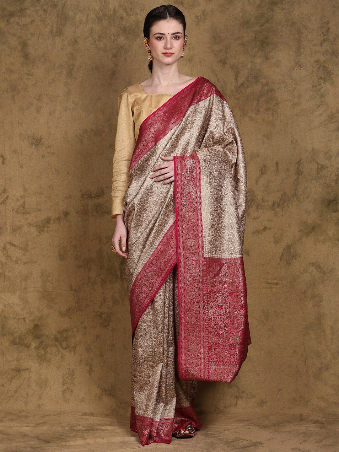 Exotic India Banarasi Saree with Zari Woven Triangle Pattern and Contrast Pallu Border