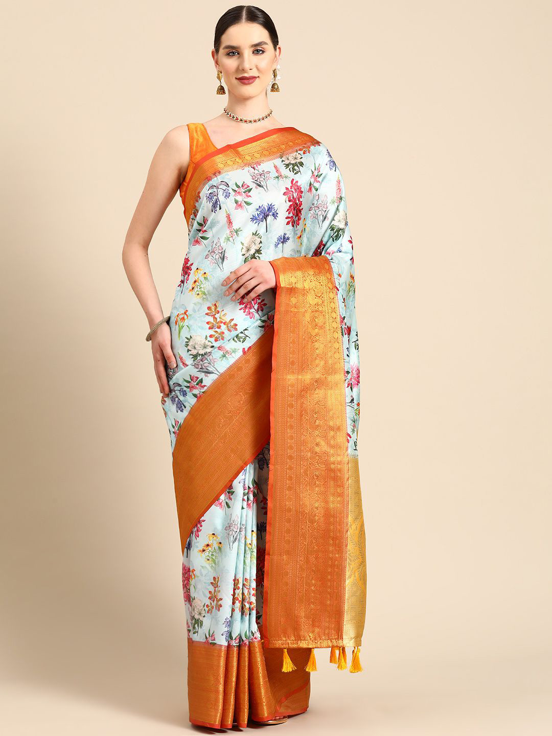 DIVASTRI Banarasi Soft Silk Floral Digital Printed Saree With Woven Border & Pallu