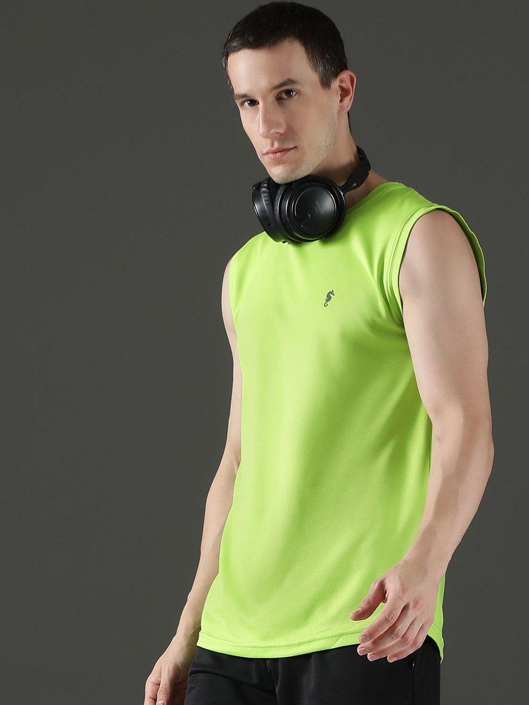 EPPE Men Sleeveless Vest Lemon Green Polyester Dry Fit Round Neck Vest T-shirt