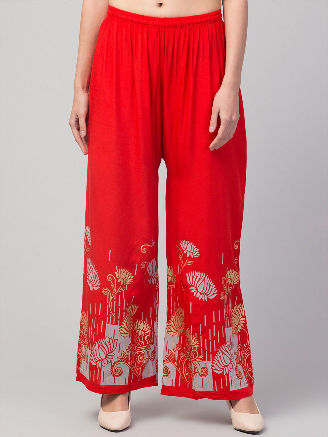 FAMBEE Women Floral Printed Flared Knitted Palazzos