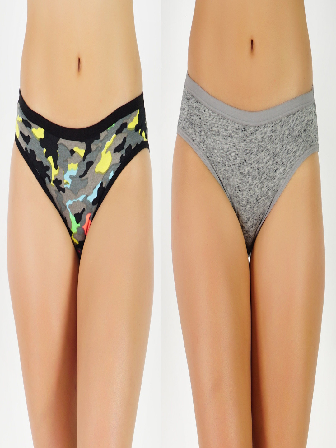 GOTO Pack Of 2 Mid Rise Bikini Briefs Cotton-Print-penty Army Grey 2ps