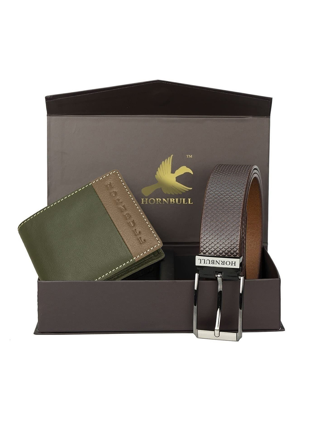 Hornbull Taylor Leather RFID Safety Olive-Mud Wallet & Belt Accessory Gift Set