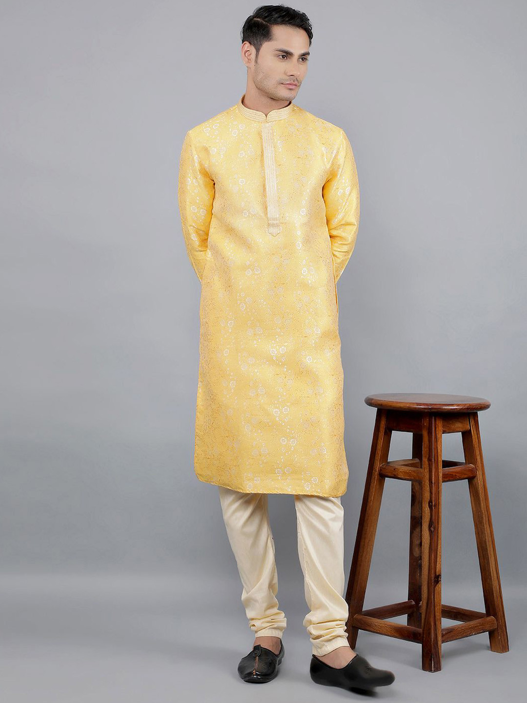 Manish Creations Men's Floral Woven Design Jacquard Straight Kurta With Churidar Set